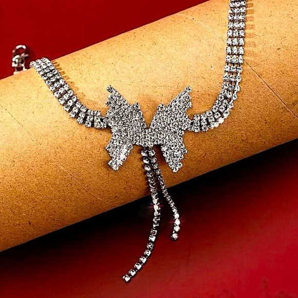 Butterfly Crystal Tassel Choker Rhinestone Necklace - Picture 9 of 10